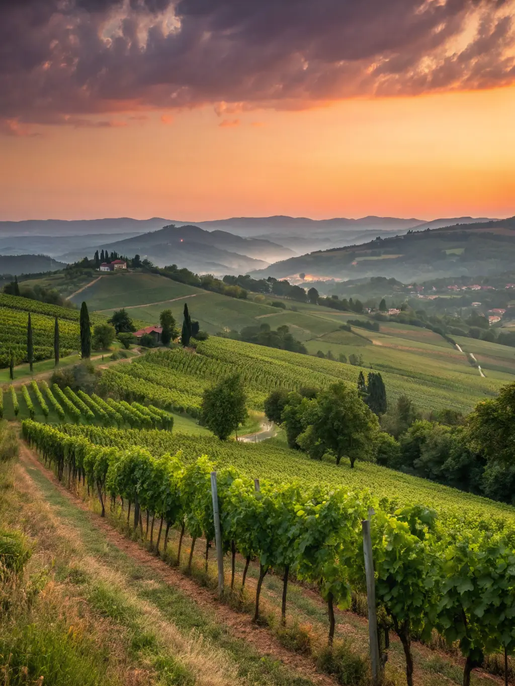A high-resolution aerial photograph of a sprawling vineyard at sunset, showcasing the beauty of landscape photography offered by astrojetty.